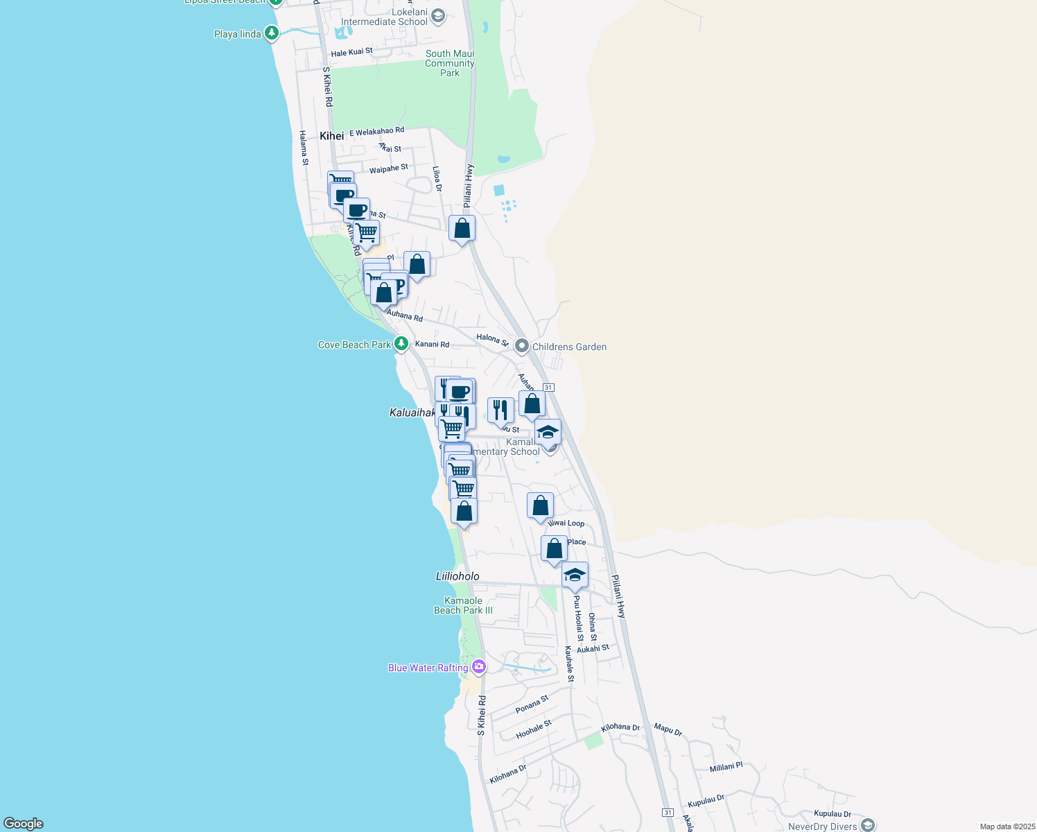 map of restaurants, bars, coffee shops, grocery stores, and more near 15 Mahalo Nui Place in Kihei