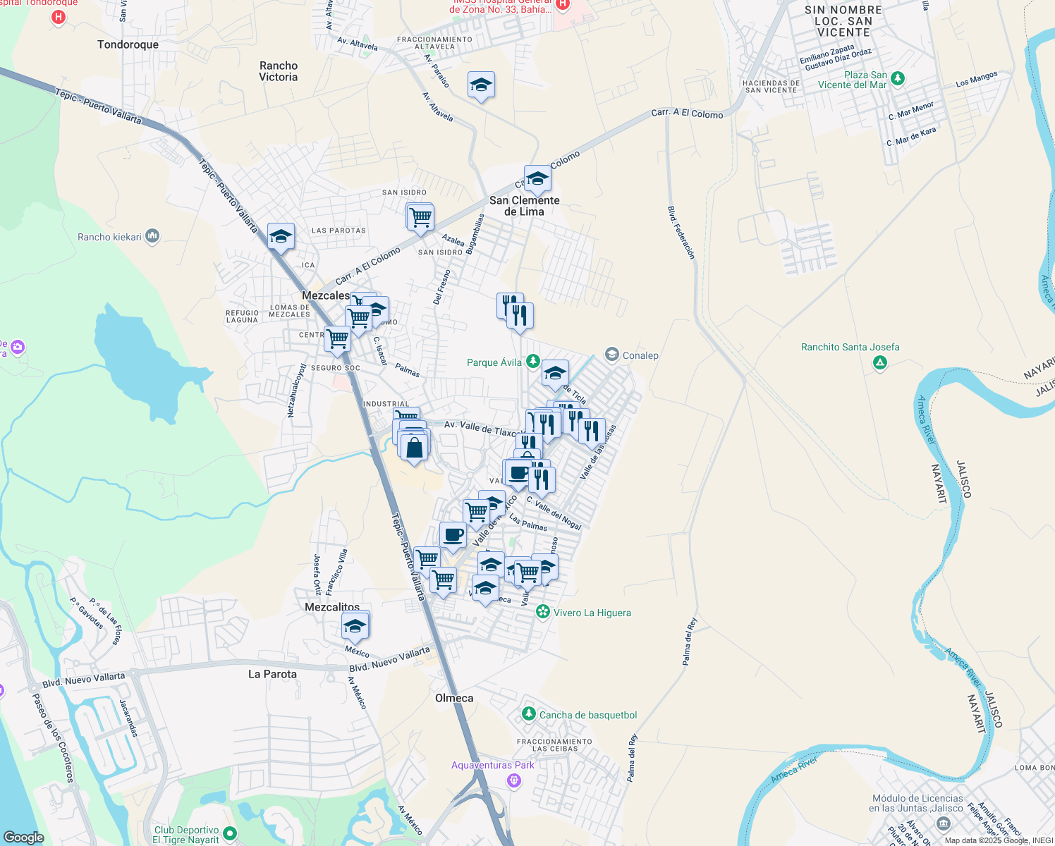 map of restaurants, bars, coffee shops, grocery stores, and more near 130 Calle Valle de Zirahuen in Mezcales