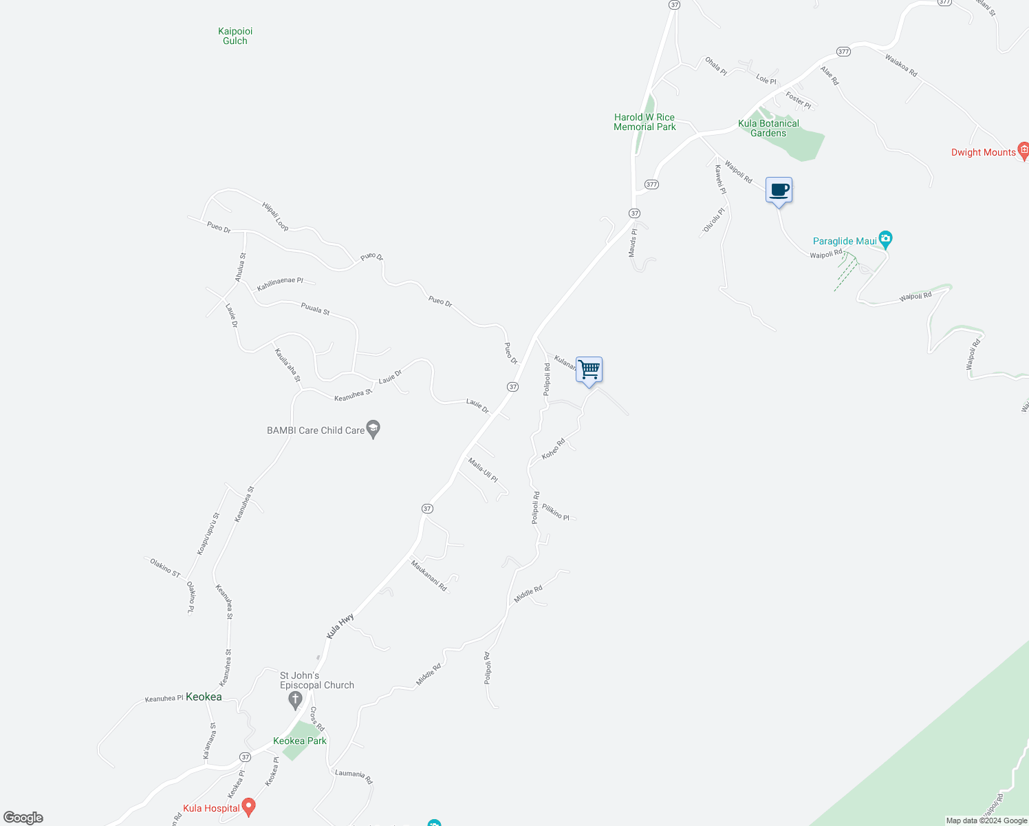 map of restaurants, bars, coffee shops, grocery stores, and more near 27 Lepelepe Place in Kula