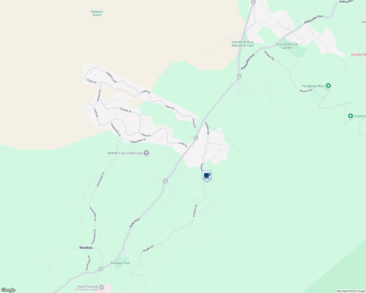 map of restaurants, bars, coffee shops, grocery stores, and more near 62 Lauie Drive in Kula