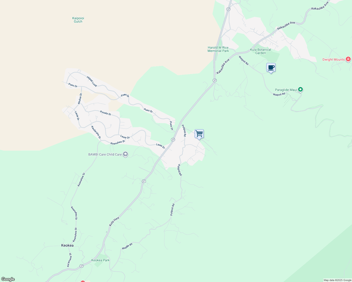 map of restaurants, bars, coffee shops, grocery stores, and more near 7385 Kula Highway in Kula