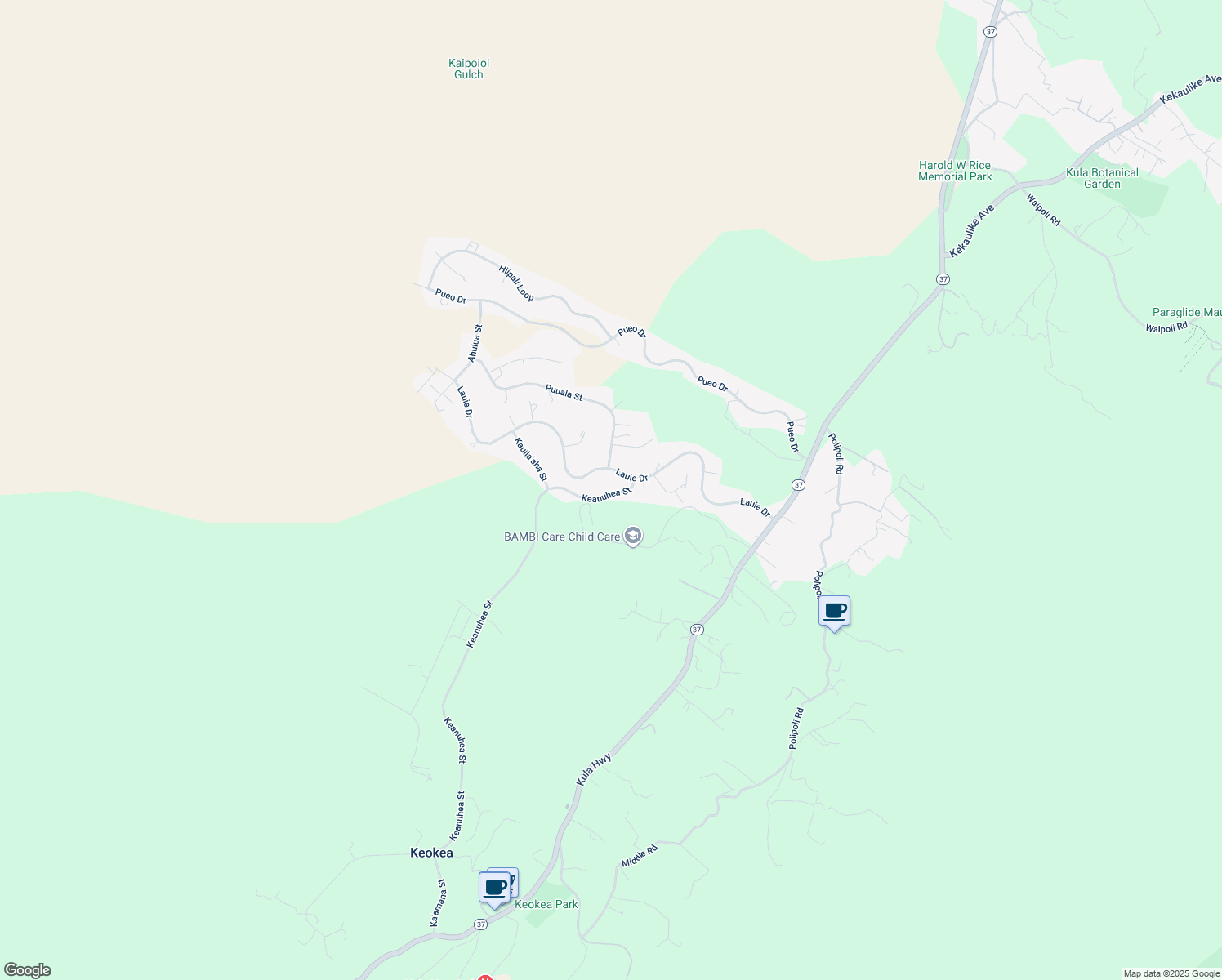 map of restaurants, bars, coffee shops, grocery stores, and more near 54 Keanuhea Street in Kula