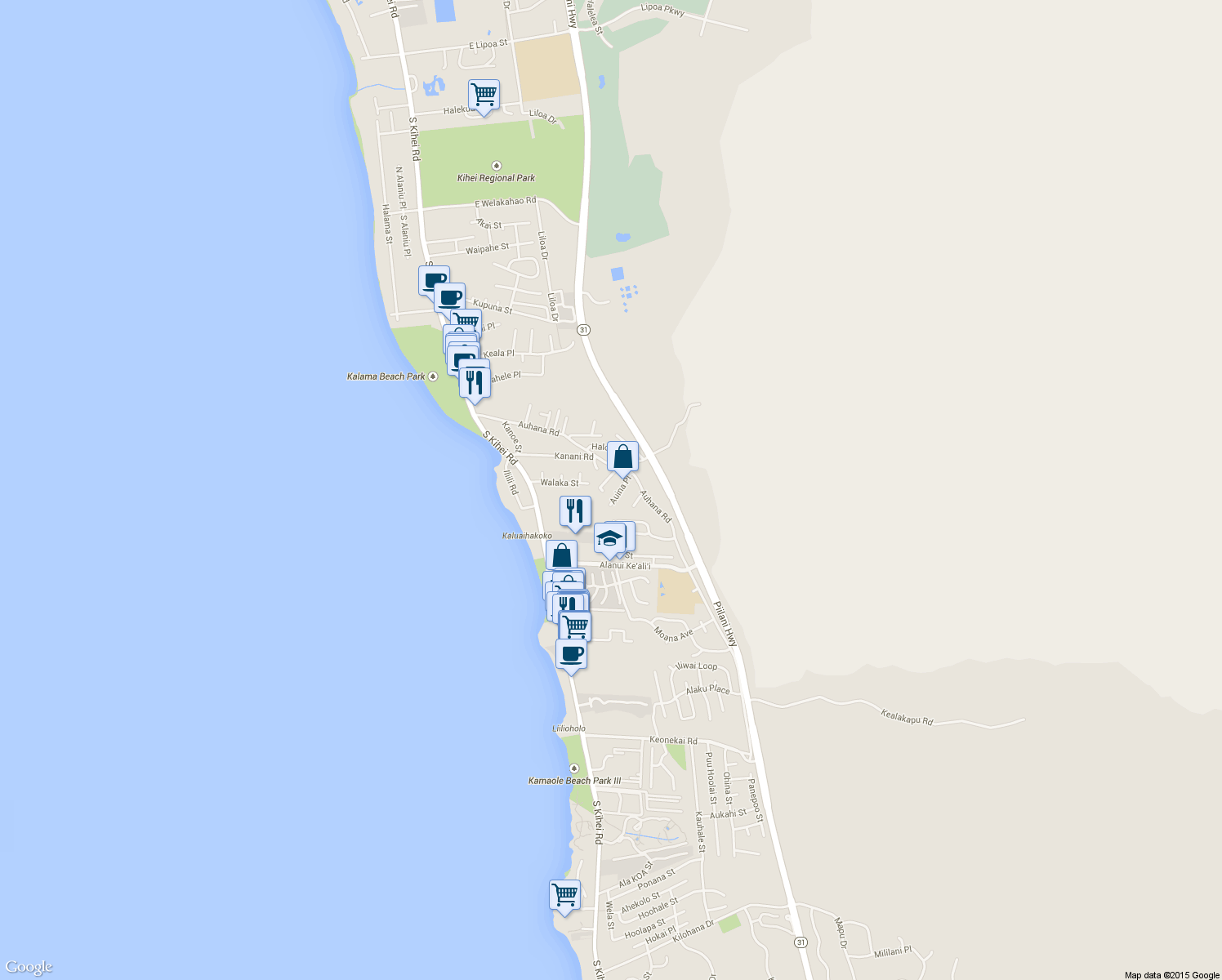 map of restaurants, bars, coffee shops, grocery stores, and more near 2181 Haukai Place in Kihei