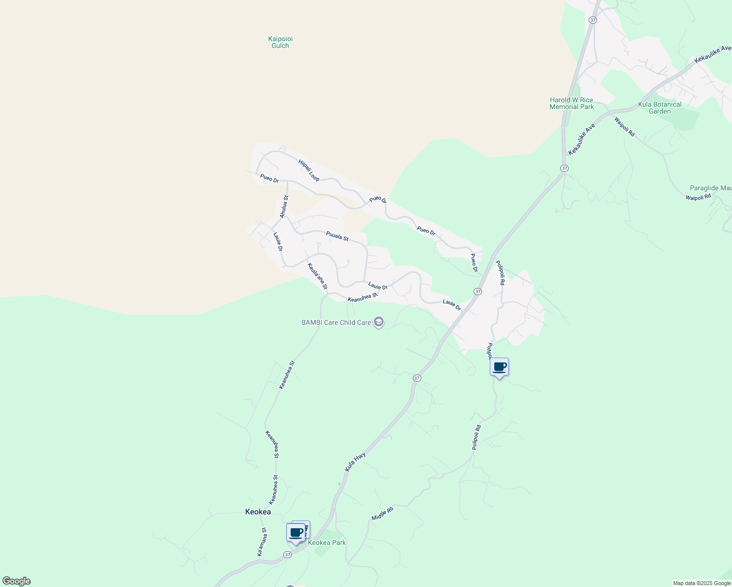 map of restaurants, bars, coffee shops, grocery stores, and more near 54 Keanuhea Street in Kula