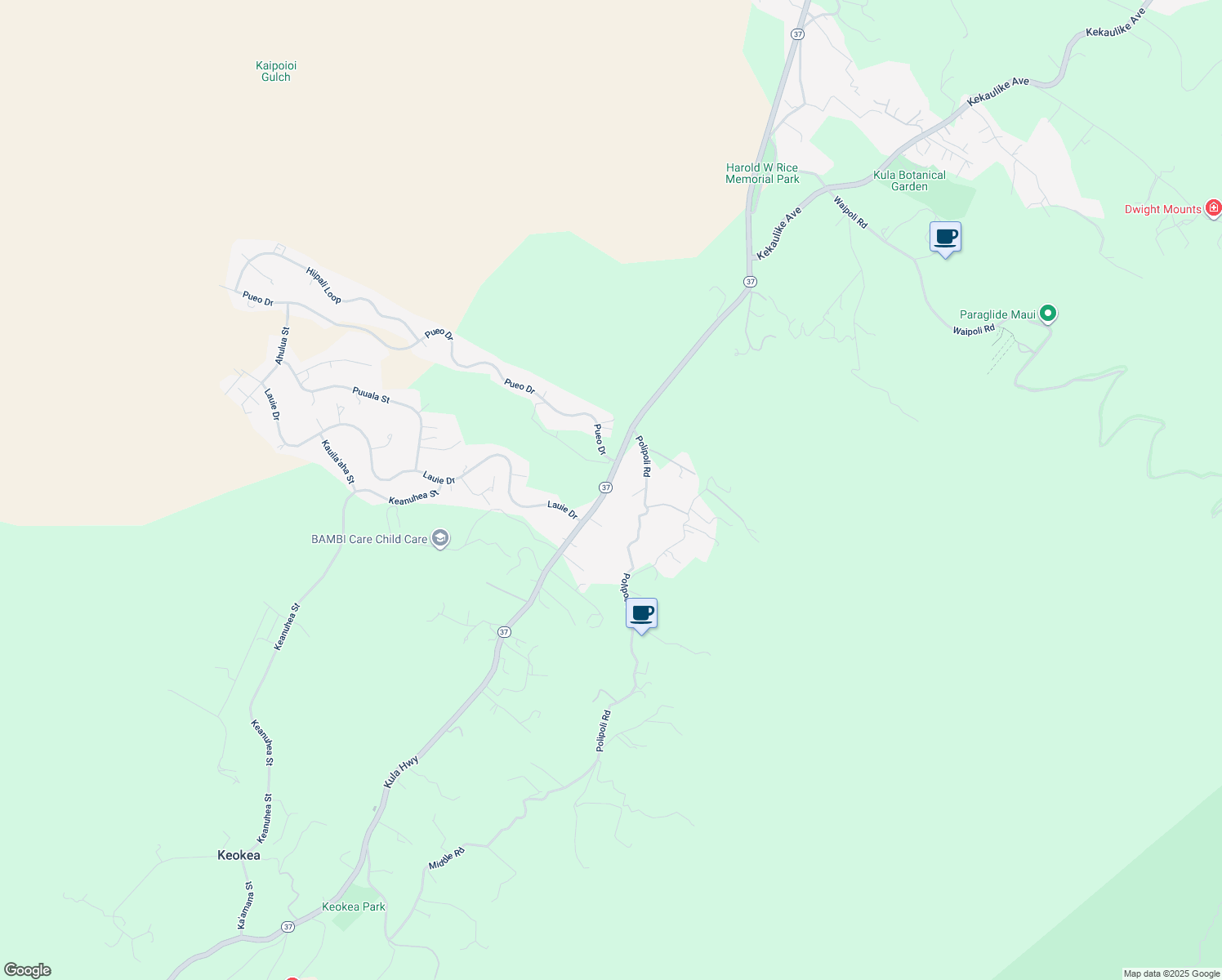 map of restaurants, bars, coffee shops, grocery stores, and more near 7385 Kula Highway in Kula