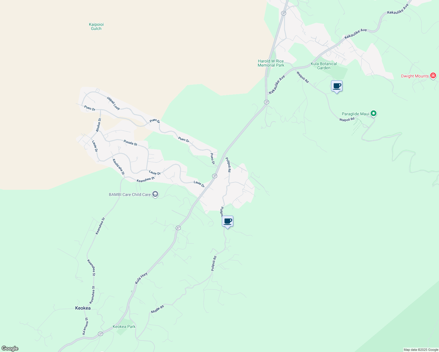 map of restaurants, bars, coffee shops, grocery stores, and more near 7365 Kula Highway in Kula