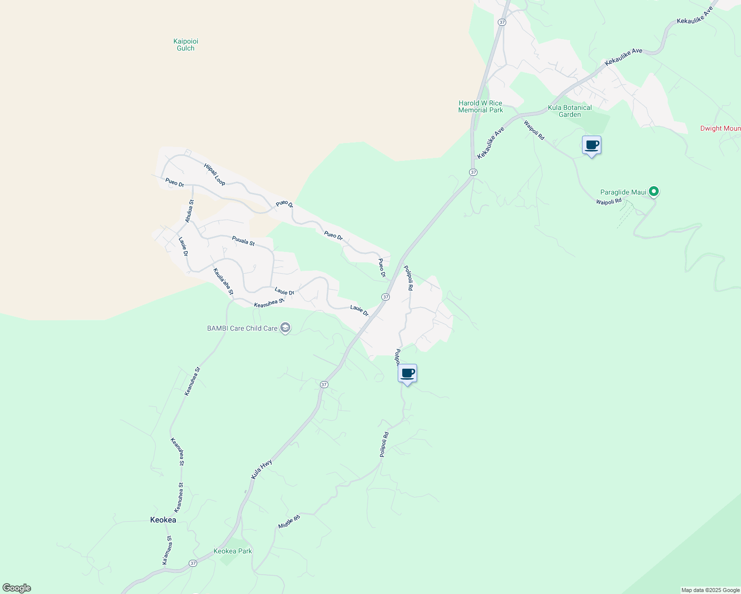 map of restaurants, bars, coffee shops, grocery stores, and more near Kula Highway in Maui County