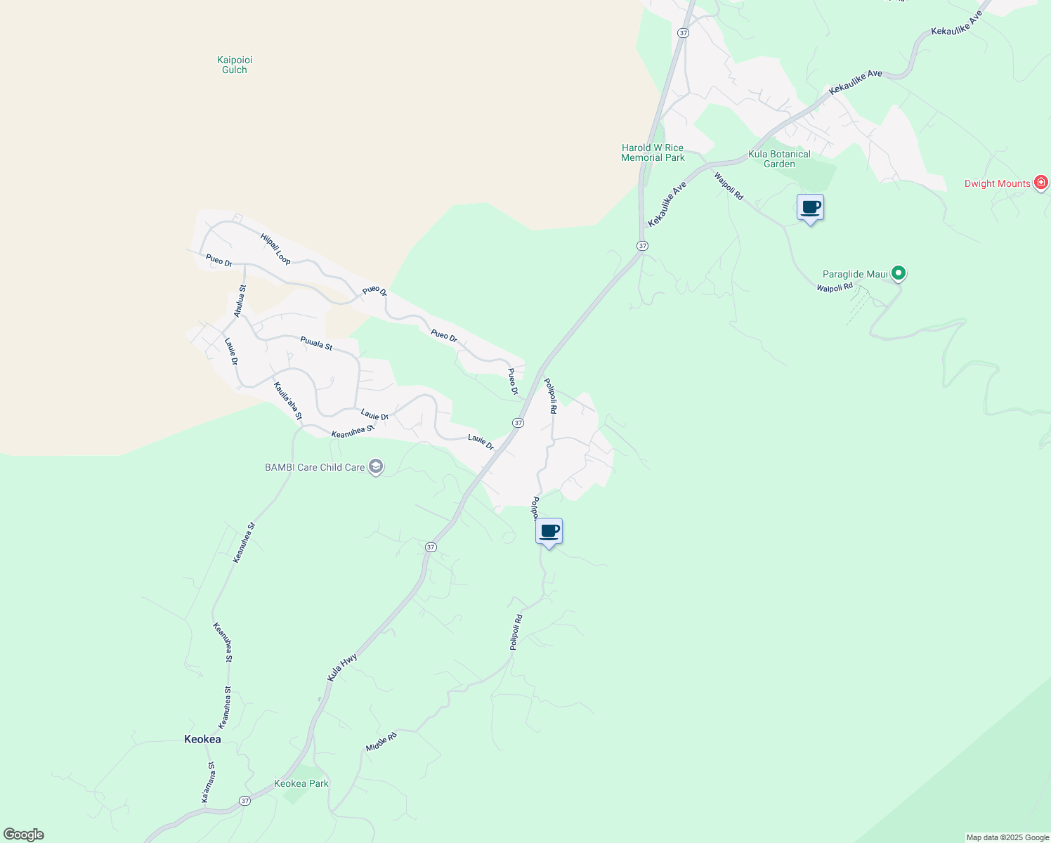 map of restaurants, bars, coffee shops, grocery stores, and more near 7365 Kula Highway in Kula