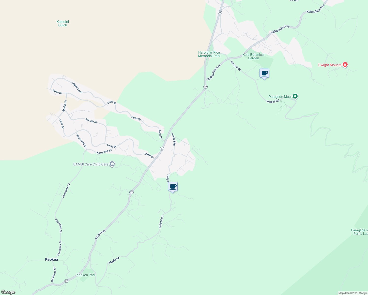 map of restaurants, bars, coffee shops, grocery stores, and more near 140 Kulanani Place in Kula