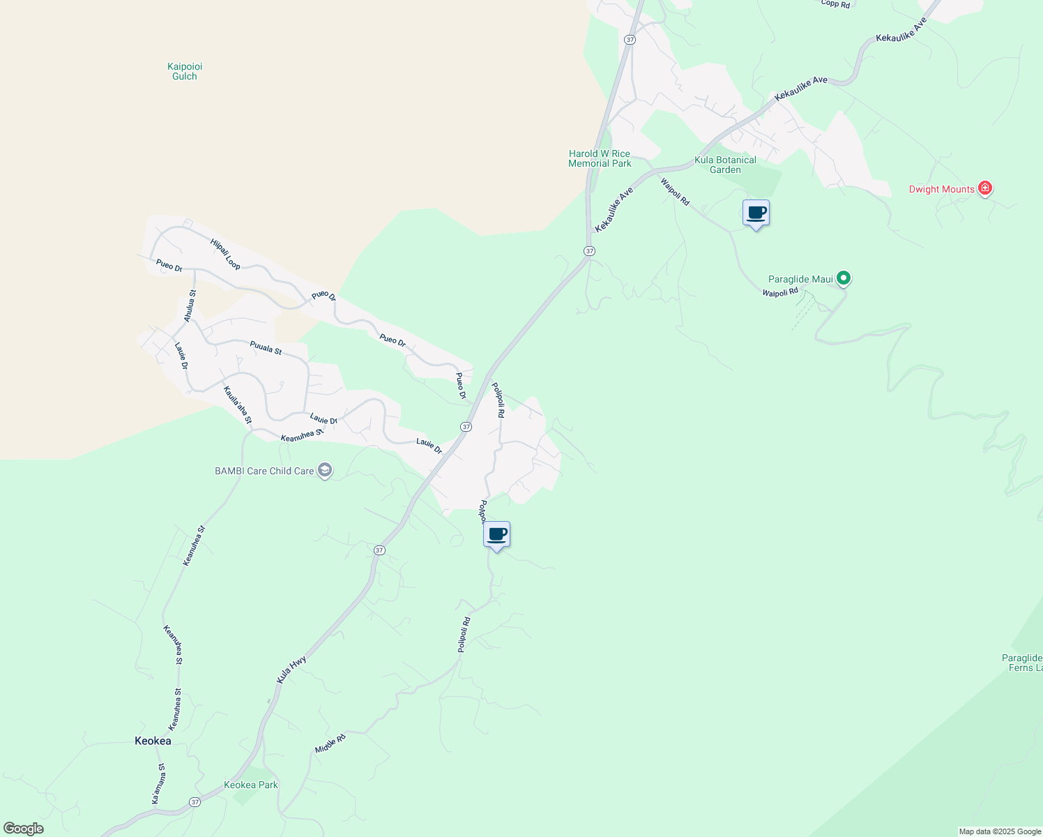 map of restaurants, bars, coffee shops, grocery stores, and more near 140 Kulanani Place in Kula