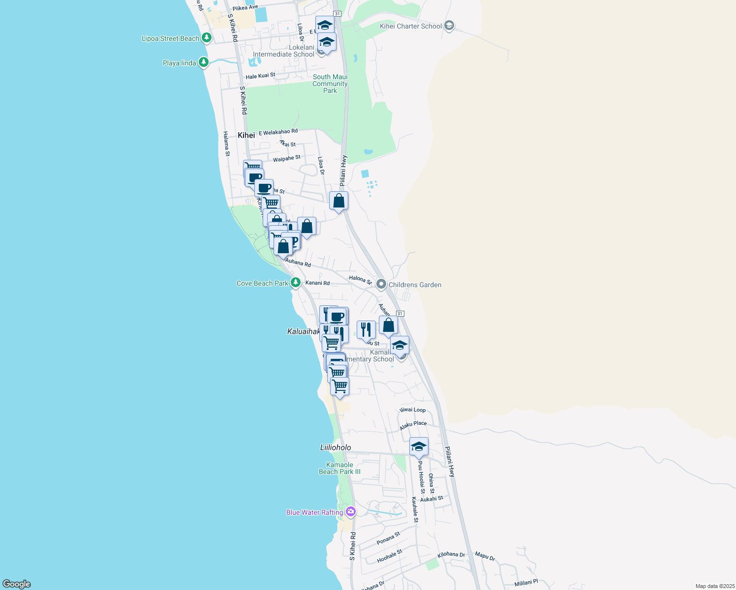 map of restaurants, bars, coffee shops, grocery stores, and more near 290 Auhana Road in Kihei