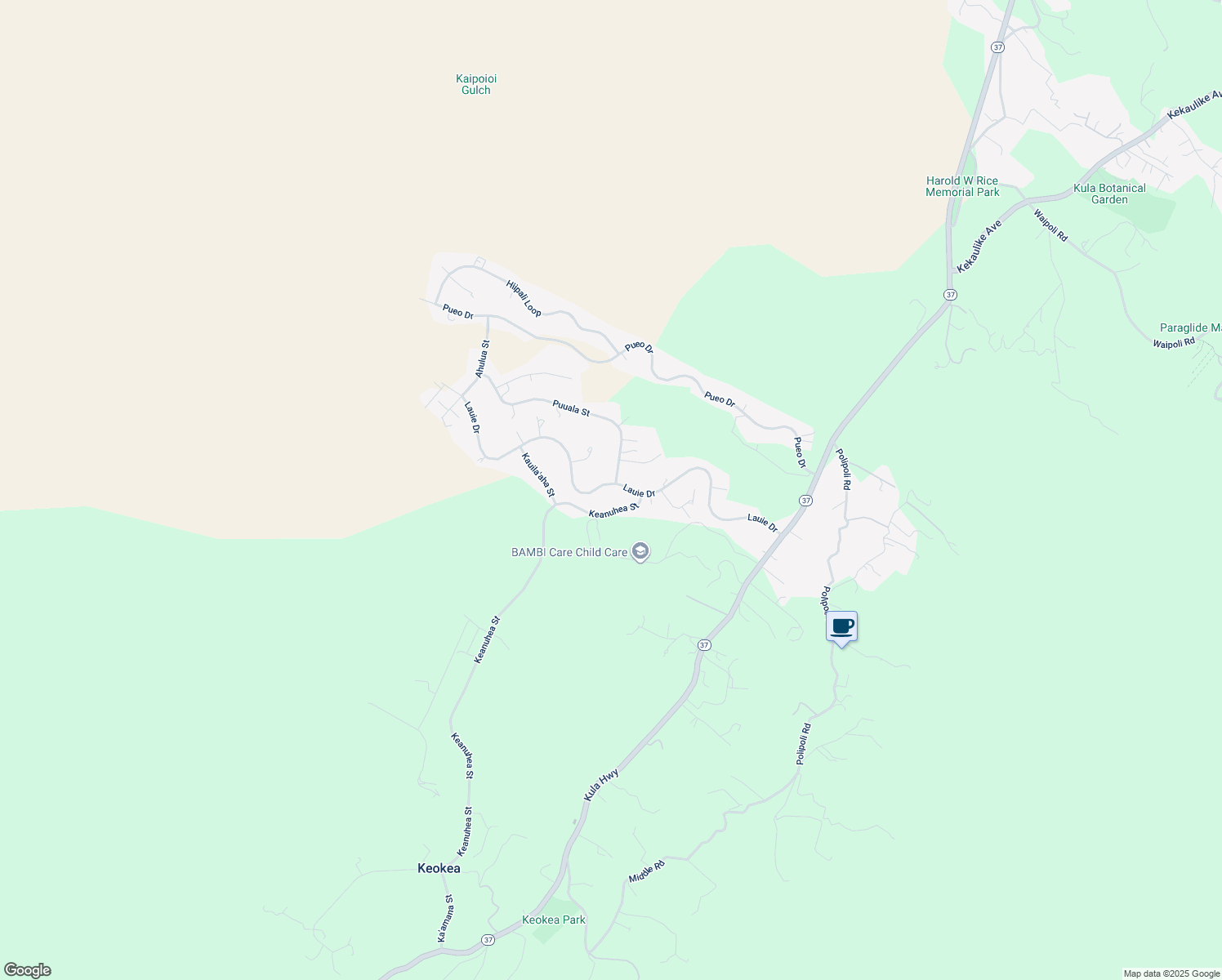 map of restaurants, bars, coffee shops, grocery stores, and more near 415 Lauie Drive in Kula