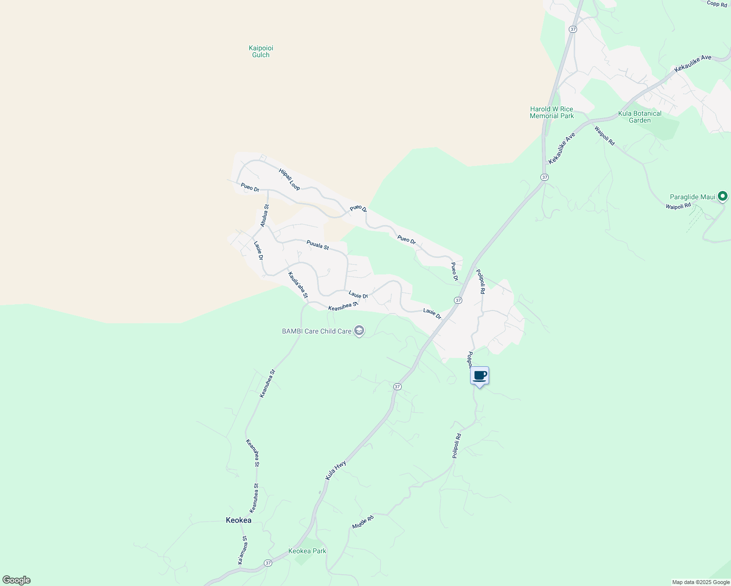 map of restaurants, bars, coffee shops, grocery stores, and more near 332 Lauie Drive in Kula