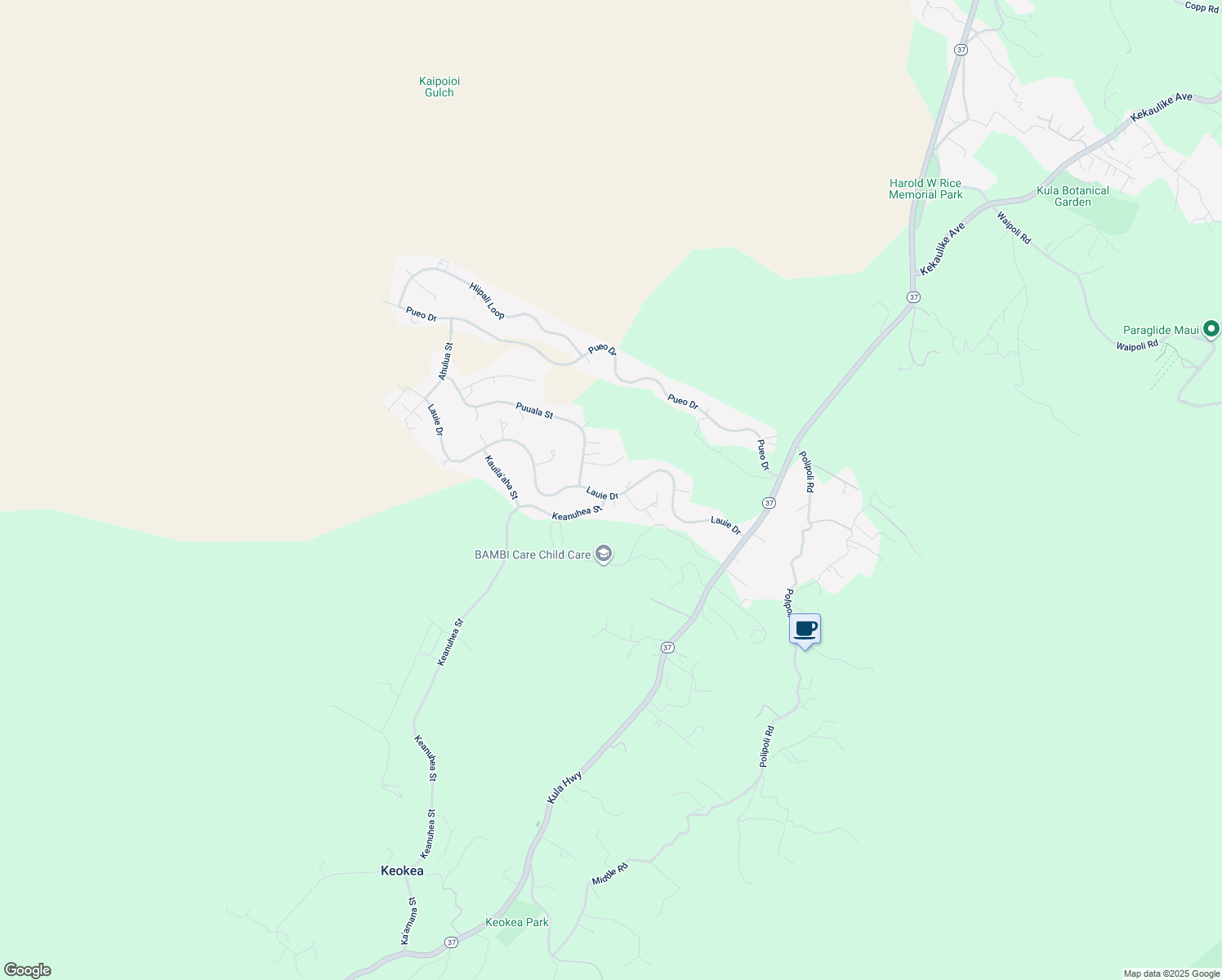 map of restaurants, bars, coffee shops, grocery stores, and more near 332 Lauie Drive in Kula