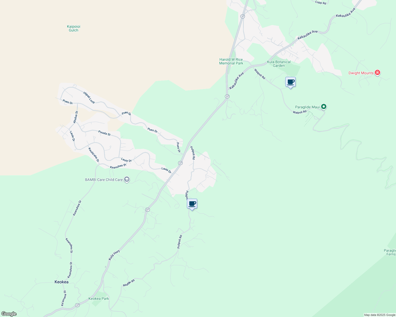 map of restaurants, bars, coffee shops, grocery stores, and more near 131 Polipoli Road in Kula