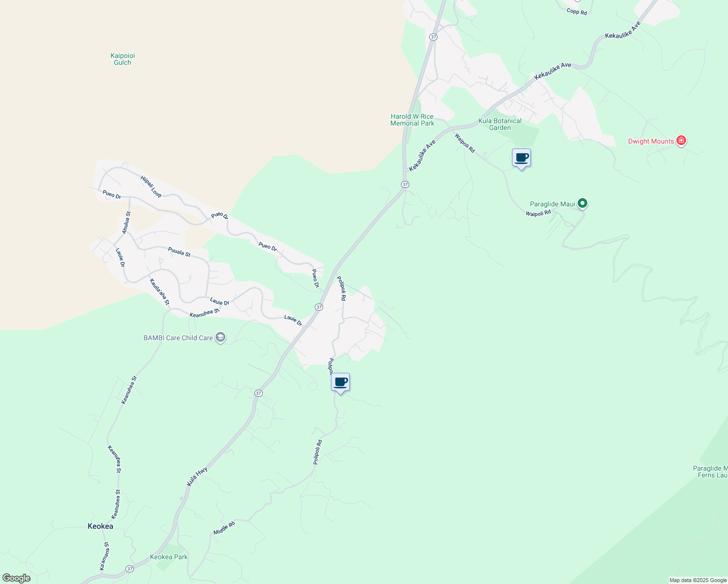 map of restaurants, bars, coffee shops, grocery stores, and more near Kulanani Place in Keokea