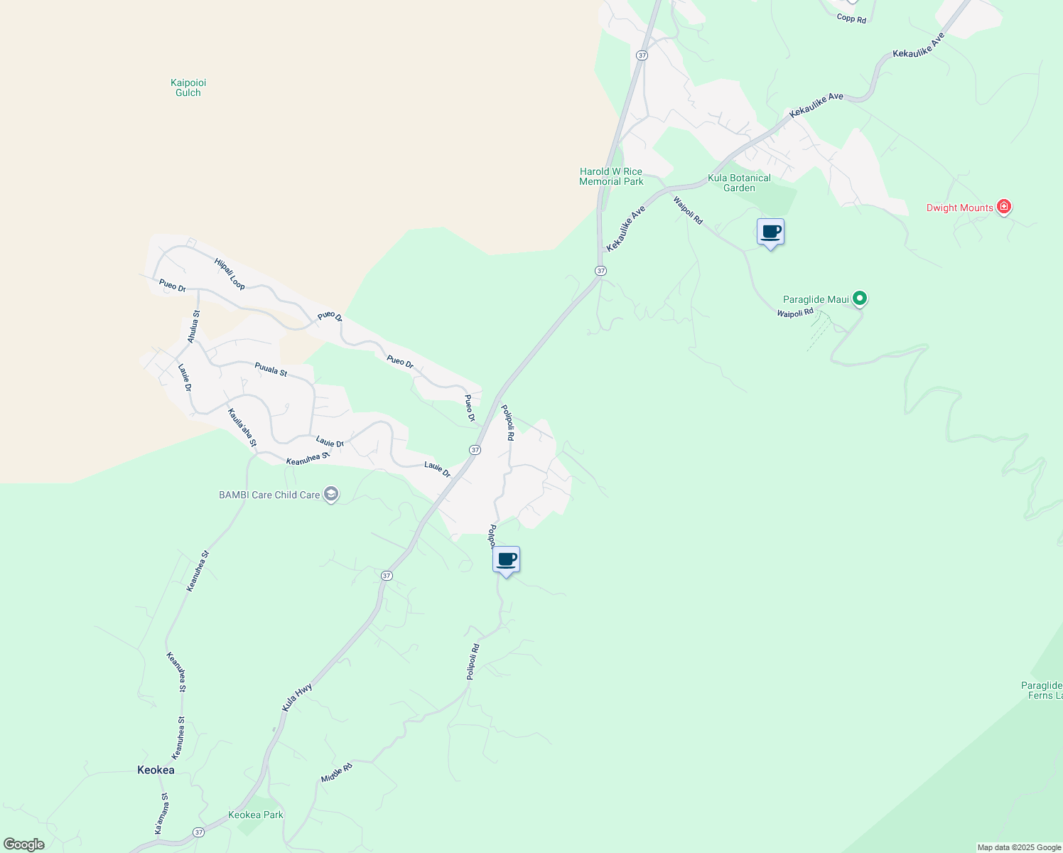map of restaurants, bars, coffee shops, grocery stores, and more near Kulanani Place in Keokea