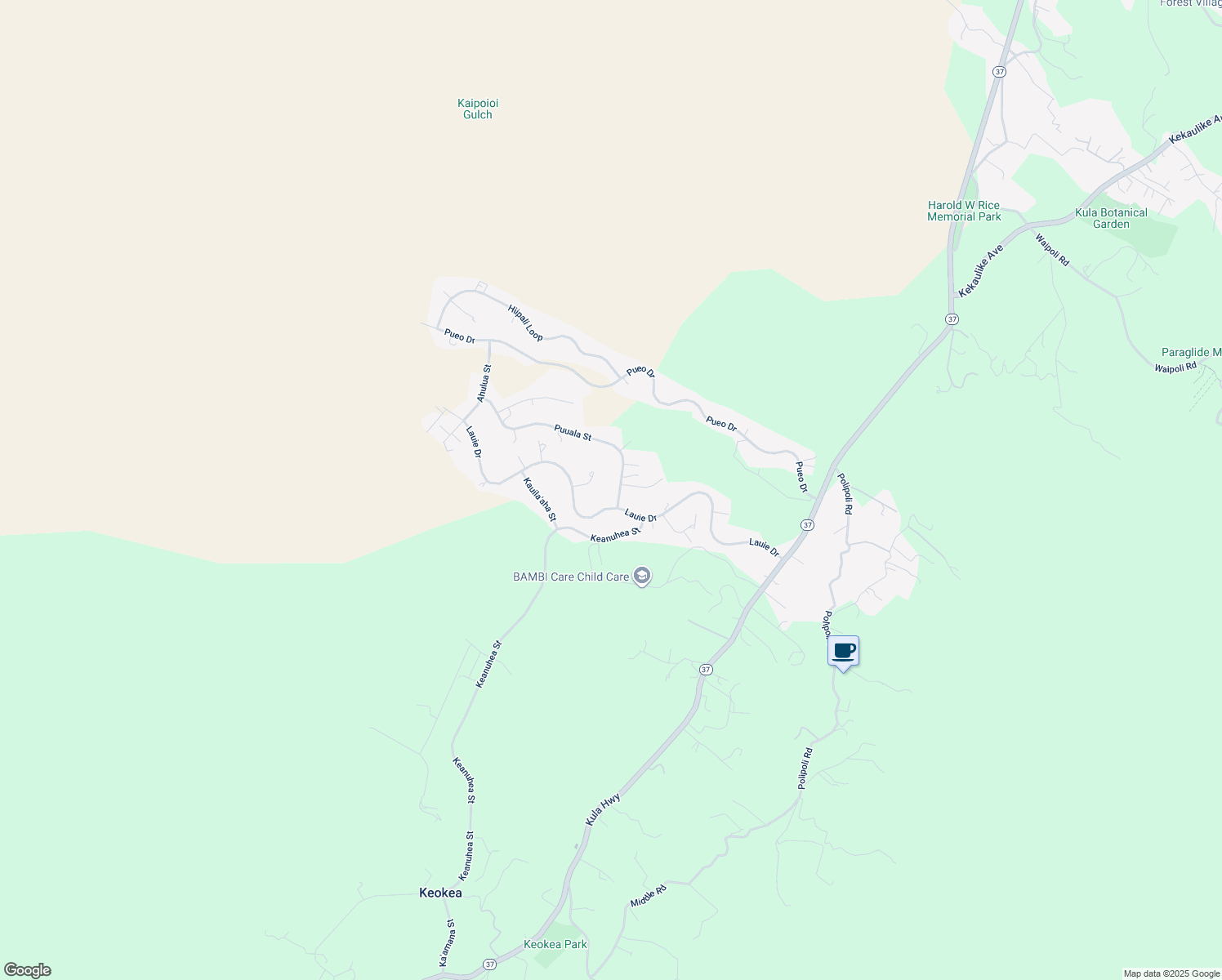 map of restaurants, bars, coffee shops, grocery stores, and more near 27 Puuala Street in Kula
