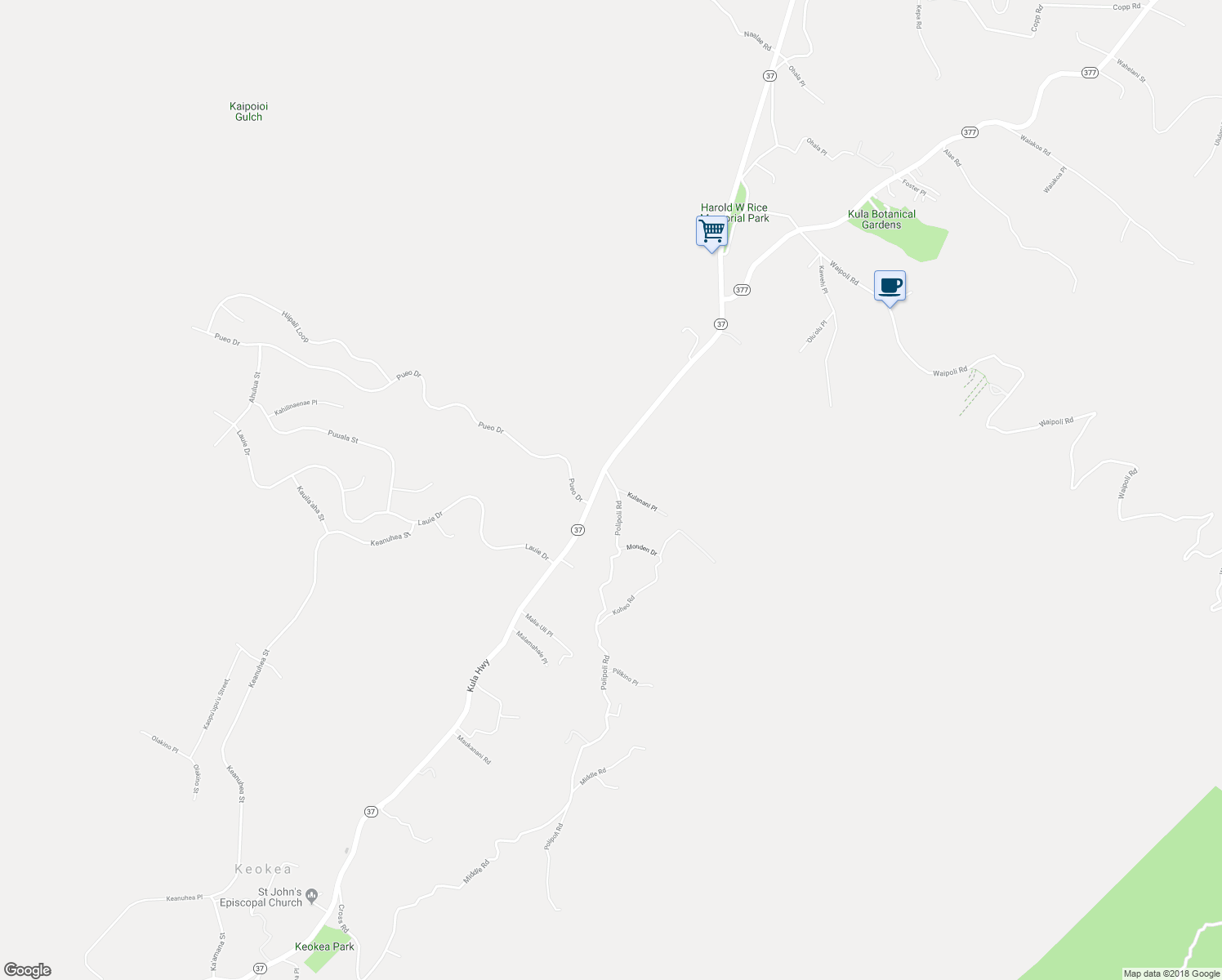 map of restaurants, bars, coffee shops, grocery stores, and more near 100 Polipoli Road in Kula