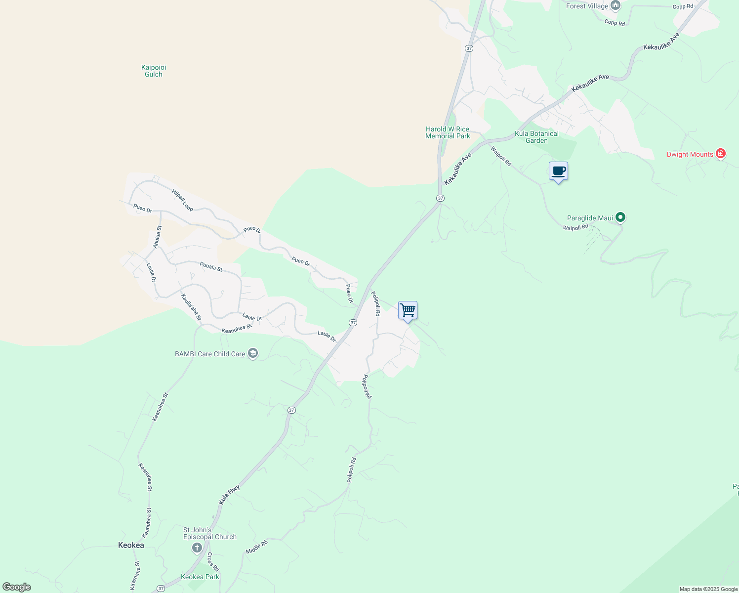 map of restaurants, bars, coffee shops, grocery stores, and more near 100 Polipoli Road in Kula