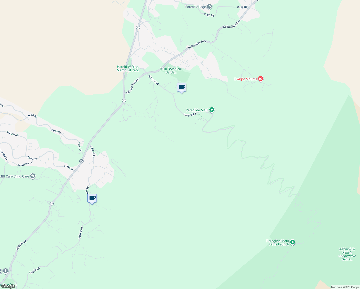map of restaurants, bars, coffee shops, grocery stores, and more near 214 Kawehi Place in Kula