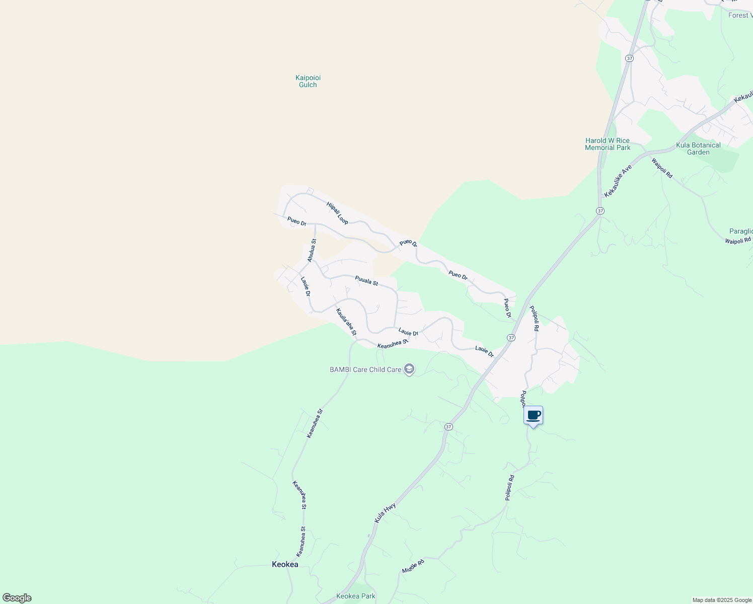 map of restaurants, bars, coffee shops, grocery stores, and more near 55 Ilima Kuahiwi Place in Kula