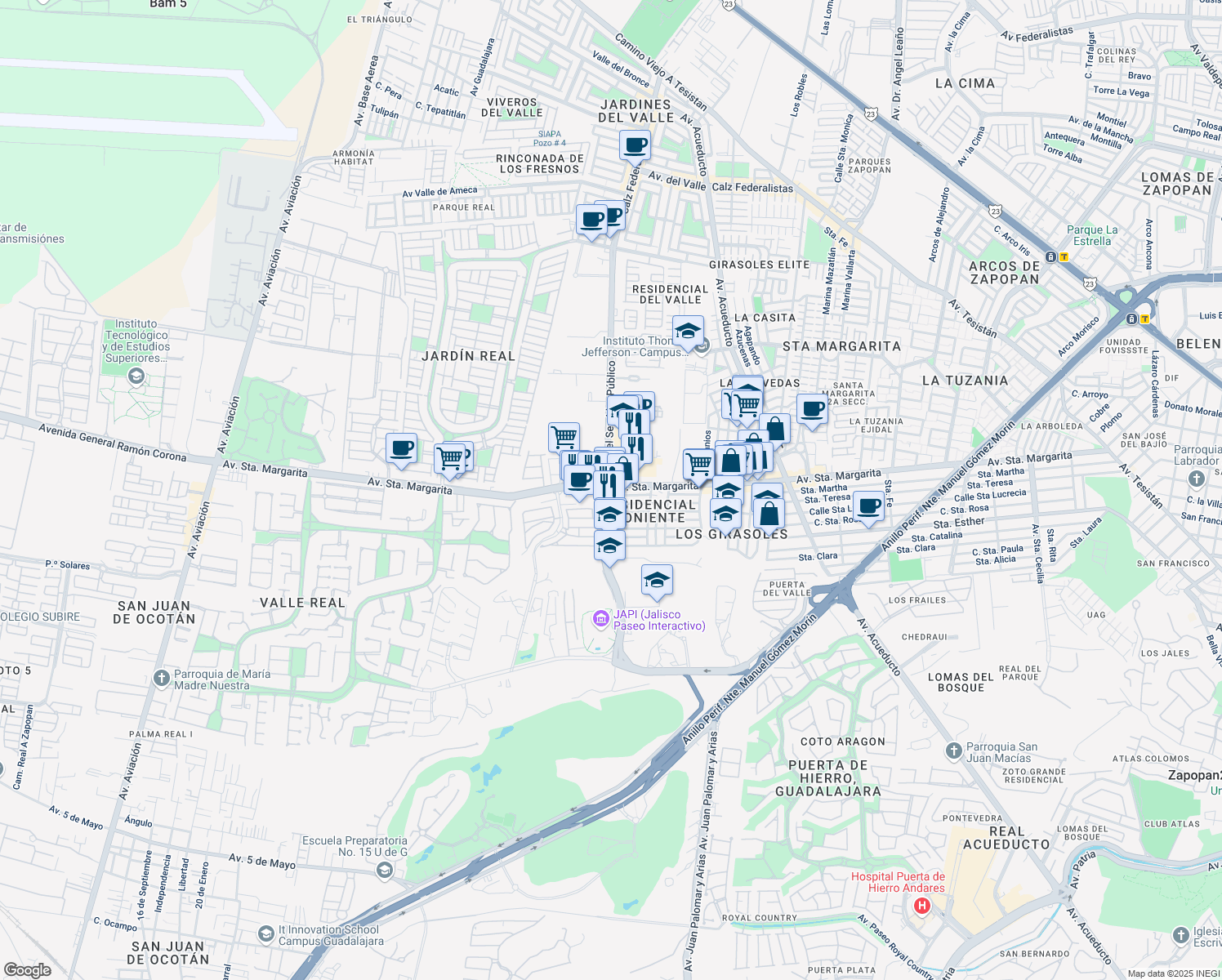 map of restaurants, bars, coffee shops, grocery stores, and more near 911 Central in Zapopan