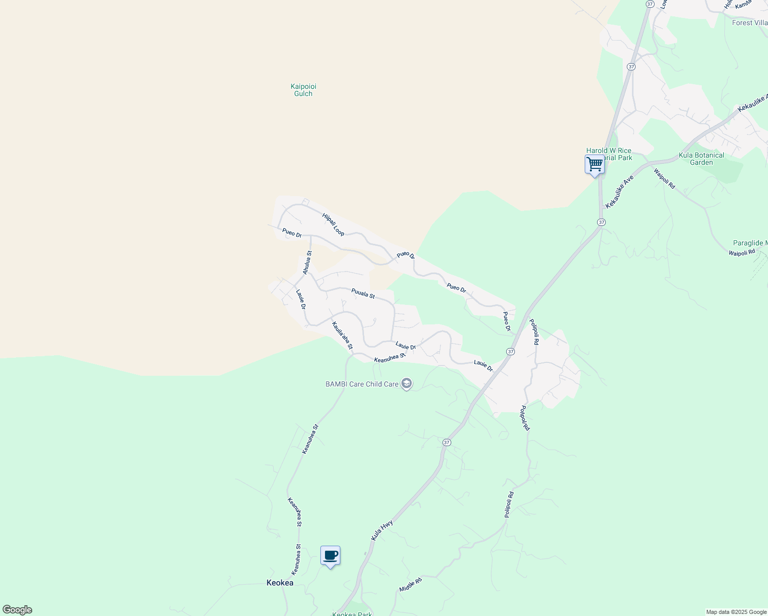 map of restaurants, bars, coffee shops, grocery stores, and more near 121 Puuala Street in Kula