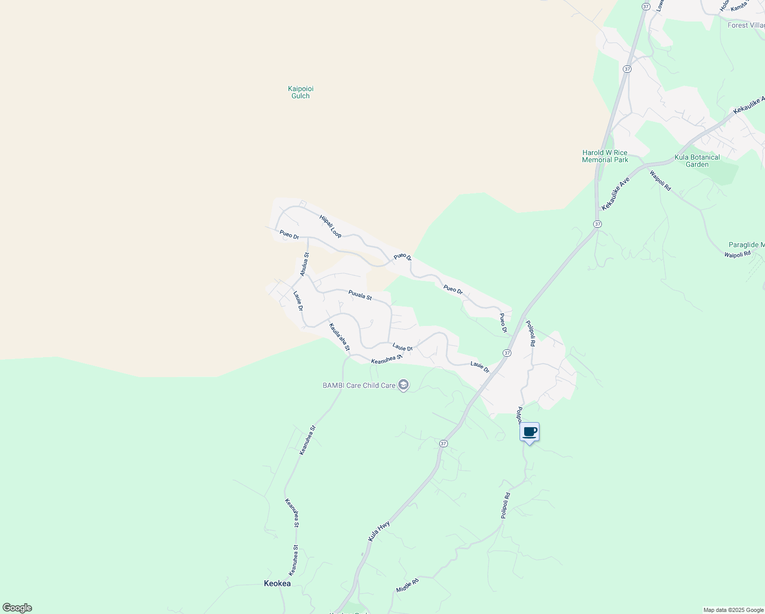 map of restaurants, bars, coffee shops, grocery stores, and more near 121 Puuala Street in Kula