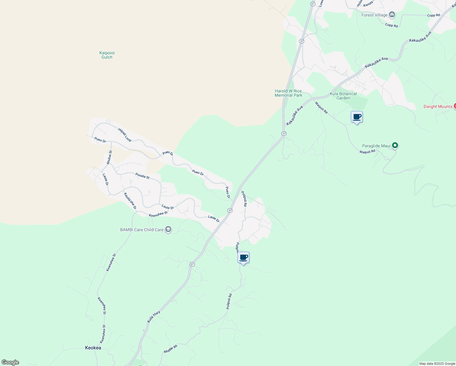 map of restaurants, bars, coffee shops, grocery stores, and more near 96 Pueo Drive in Kula