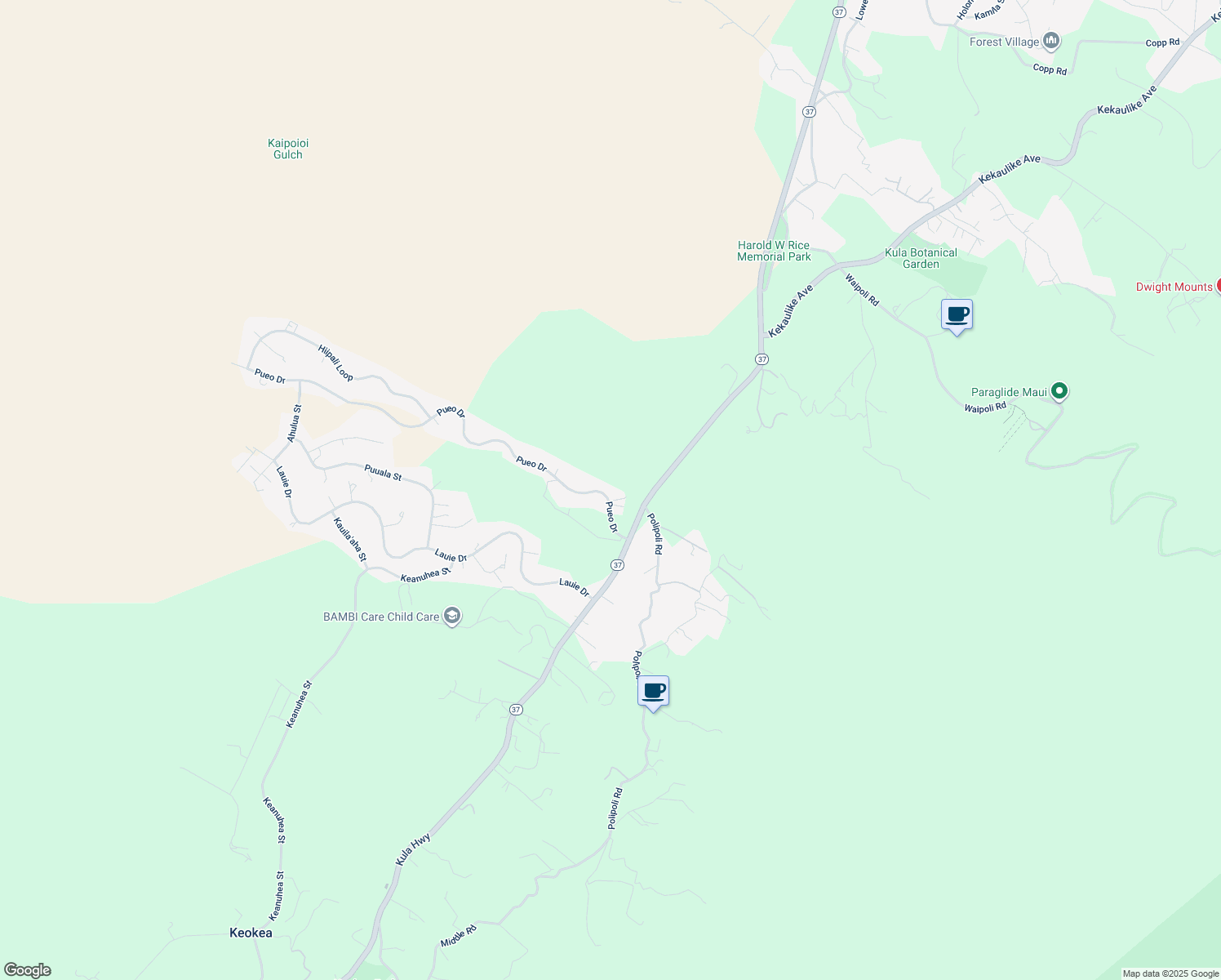 map of restaurants, bars, coffee shops, grocery stores, and more near 96 Pueo Drive in Kula