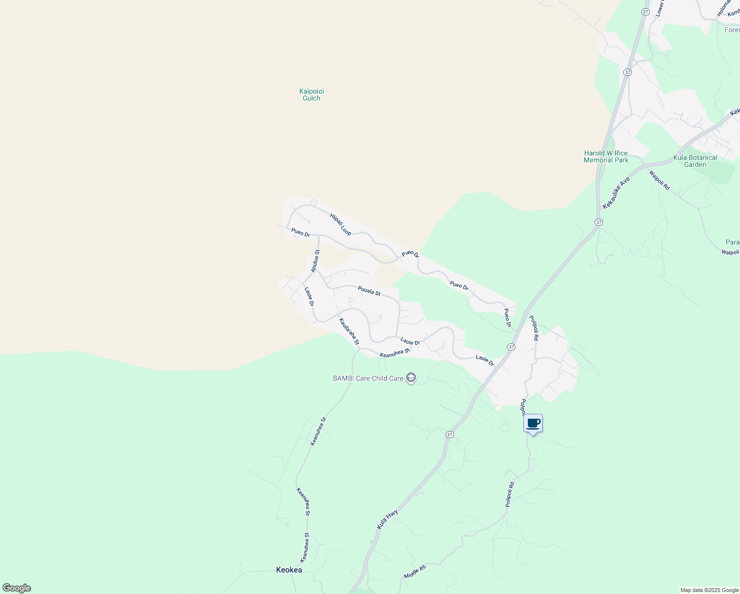 map of restaurants, bars, coffee shops, grocery stores, and more near 181 Puuala Street in Kula
