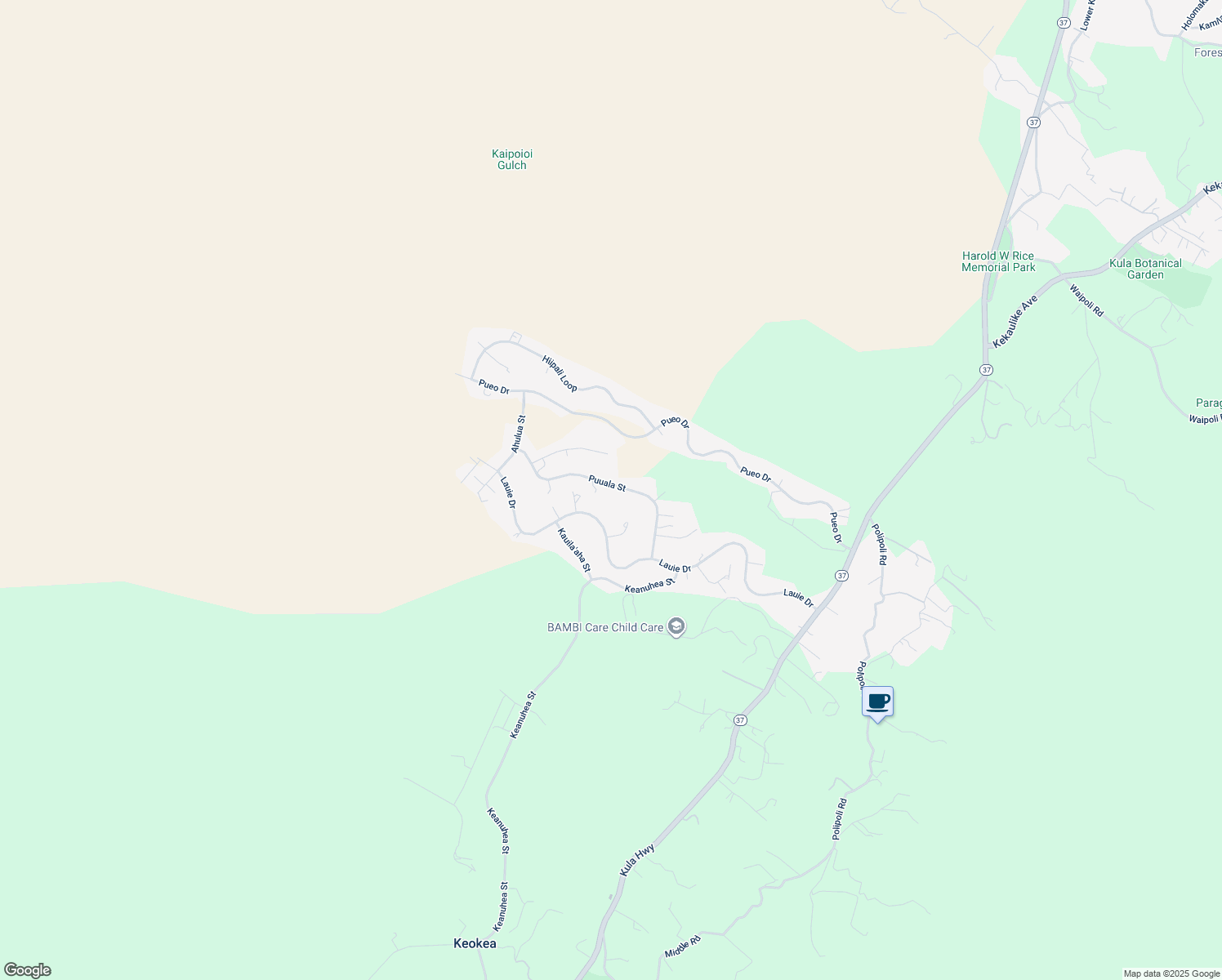 map of restaurants, bars, coffee shops, grocery stores, and more near 181 Puuala Street in Kula