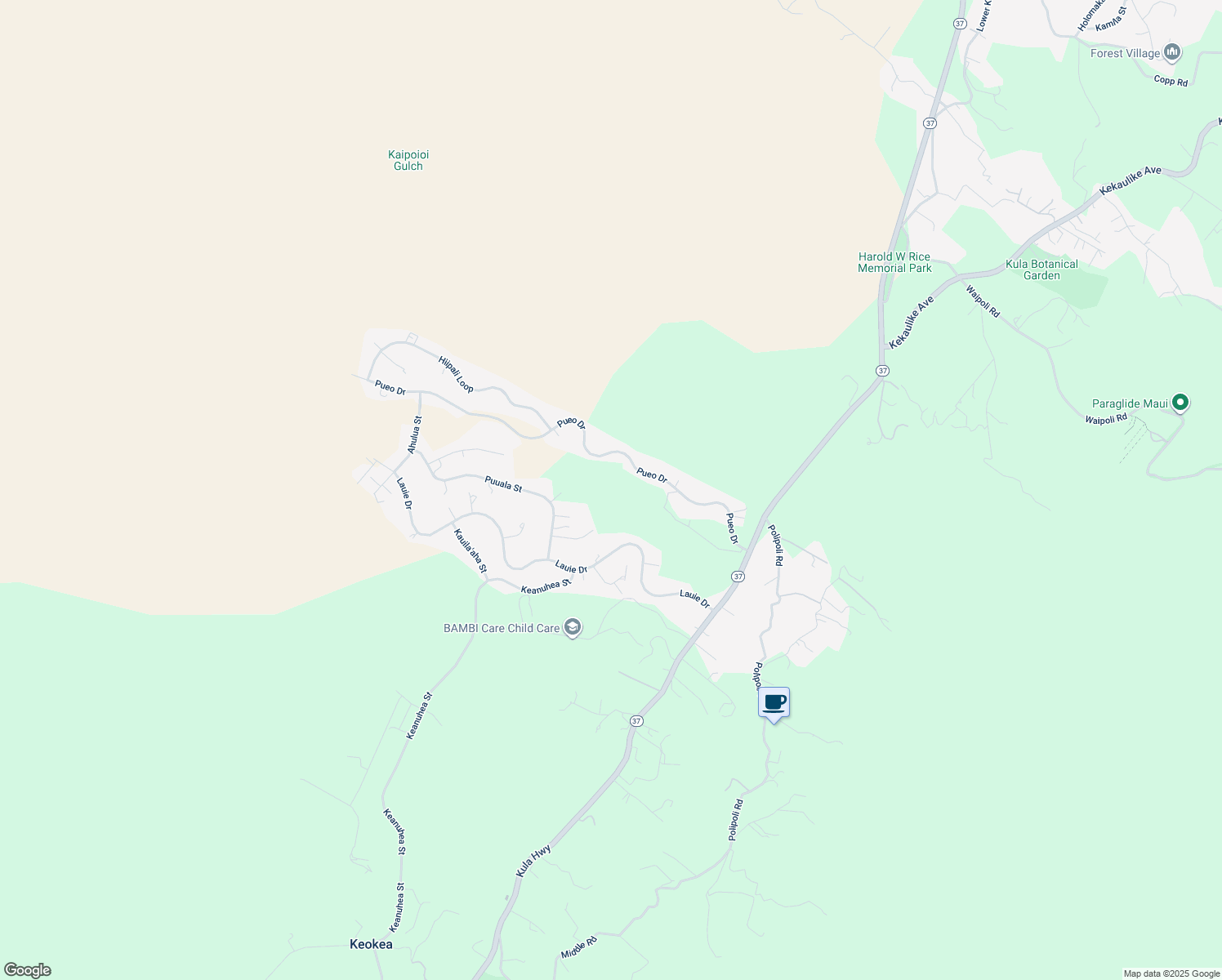 map of restaurants, bars, coffee shops, grocery stores, and more near Pueo Drive in Keokea