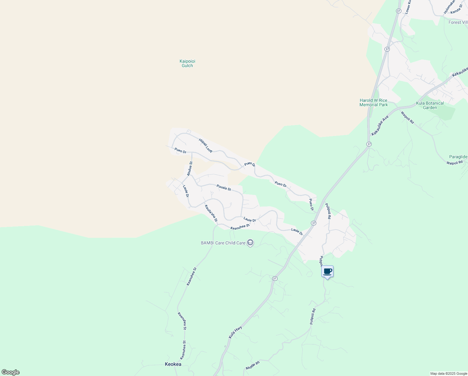 map of restaurants, bars, coffee shops, grocery stores, and more near 144 Puuala Street in Kula