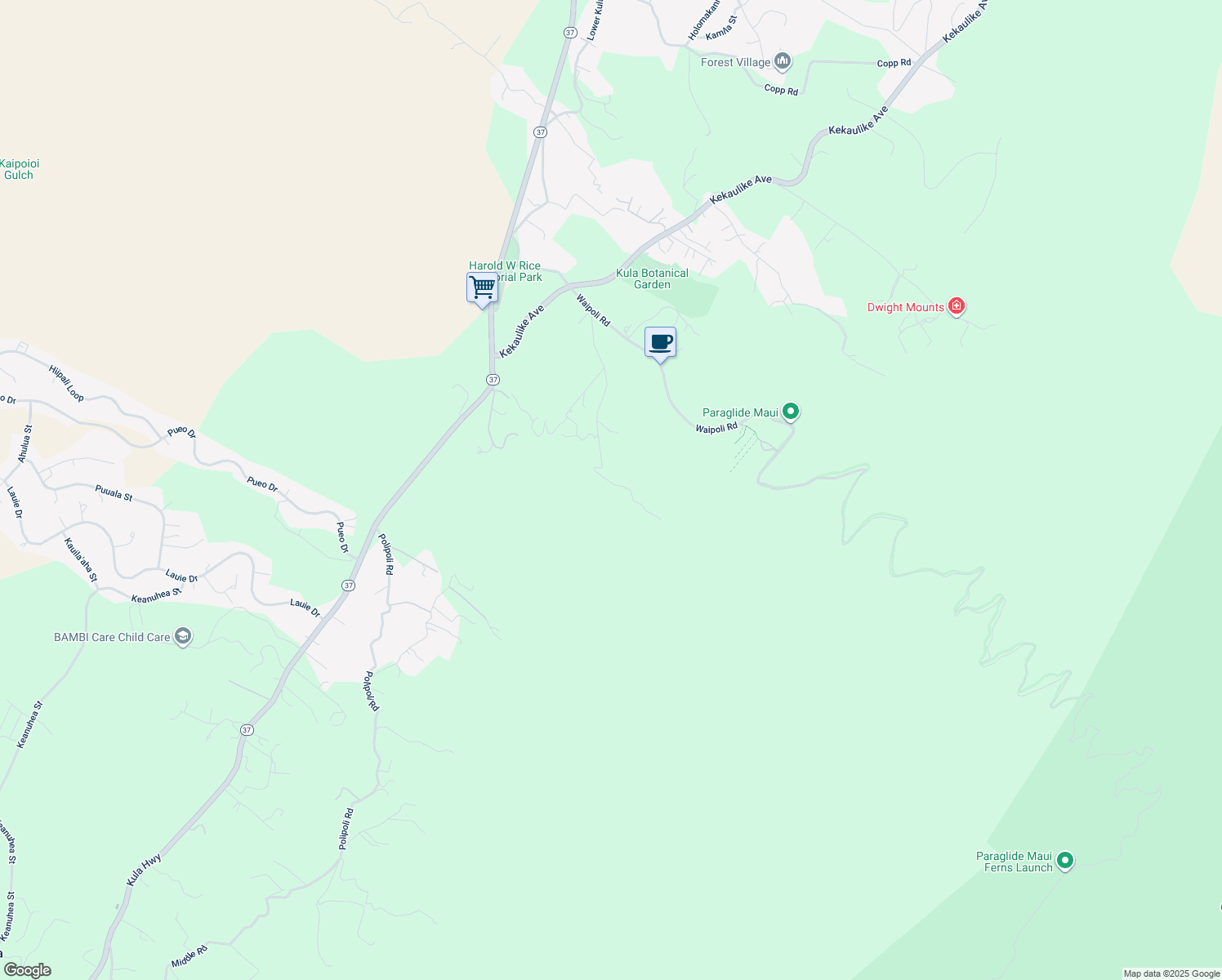 map of restaurants, bars, coffee shops, grocery stores, and more near 100 Kawehi Place in Kula