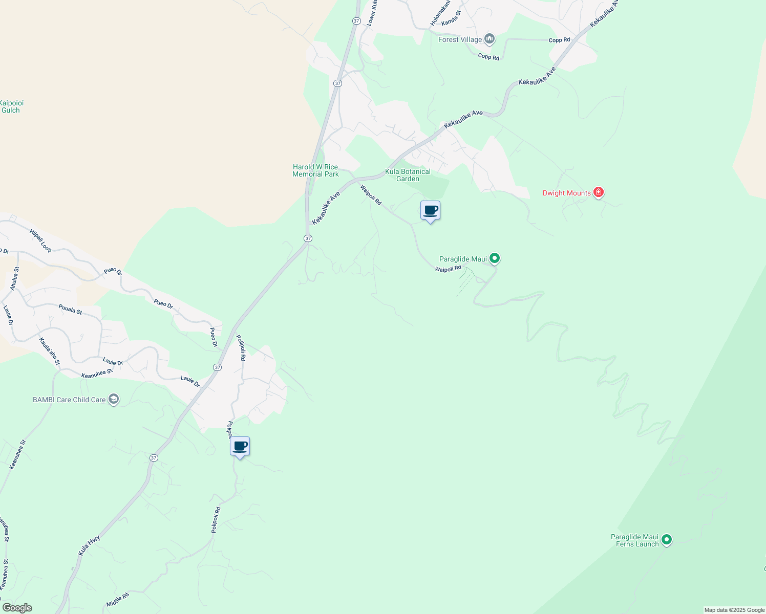 map of restaurants, bars, coffee shops, grocery stores, and more near 100 Kawehi Place in Kula