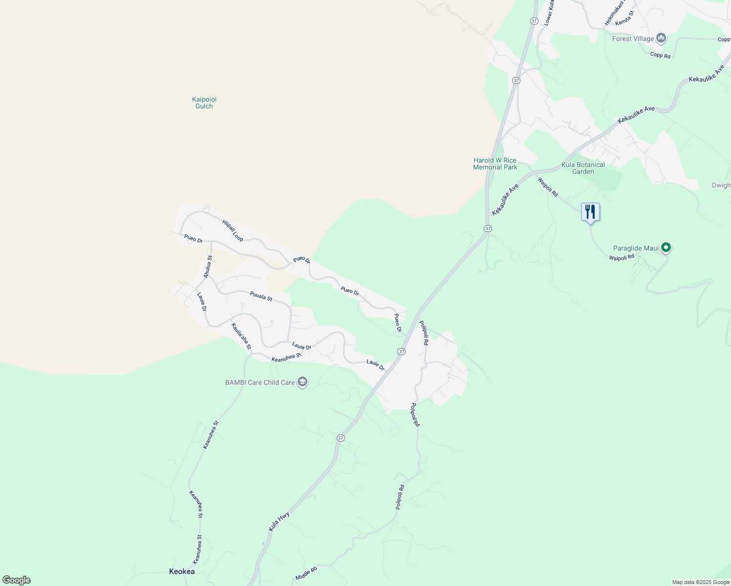 map of restaurants, bars, coffee shops, grocery stores, and more near 200 Pueo Drive in Kula