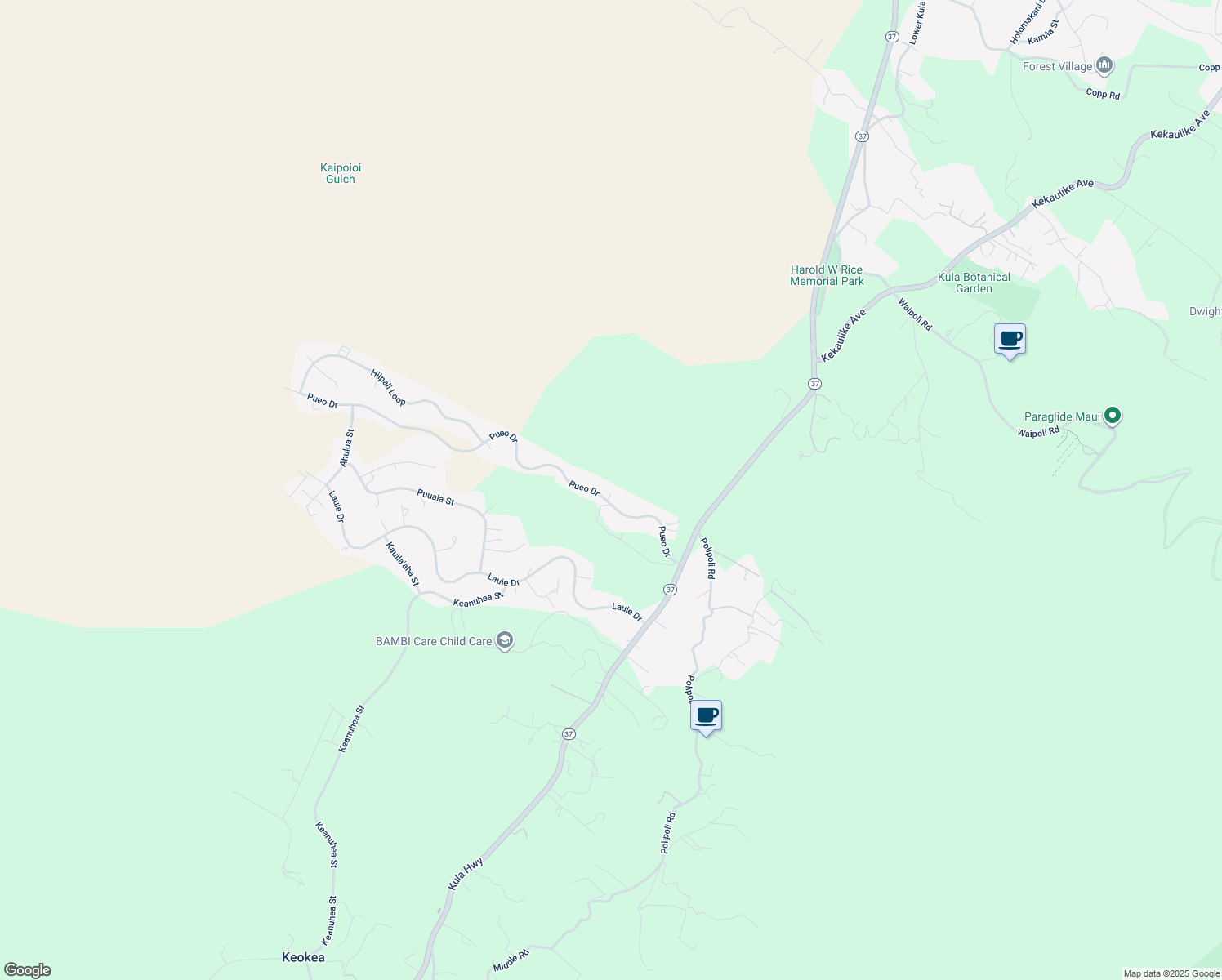 map of restaurants, bars, coffee shops, grocery stores, and more near 200 Pueo Drive in Kula