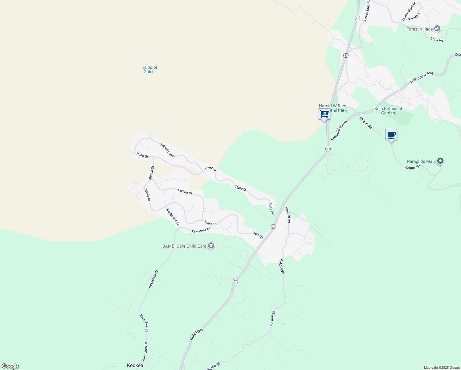 map of restaurants, bars, coffee shops, grocery stores, and more near 303 Pueo Drive in Kula