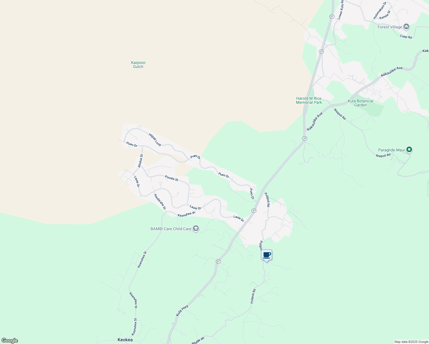map of restaurants, bars, coffee shops, grocery stores, and more near 303 Pueo Drive in Kula