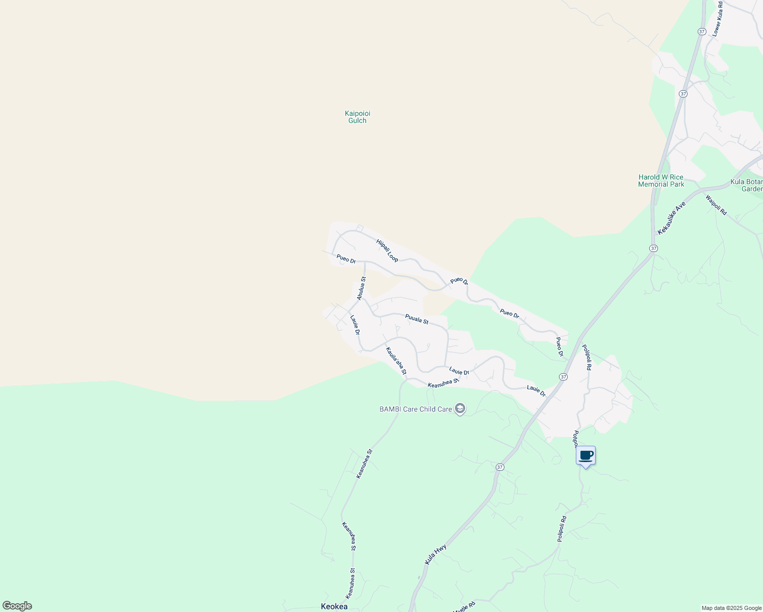 map of restaurants, bars, coffee shops, grocery stores, and more near 34 Kahilinaenae Place in Kula