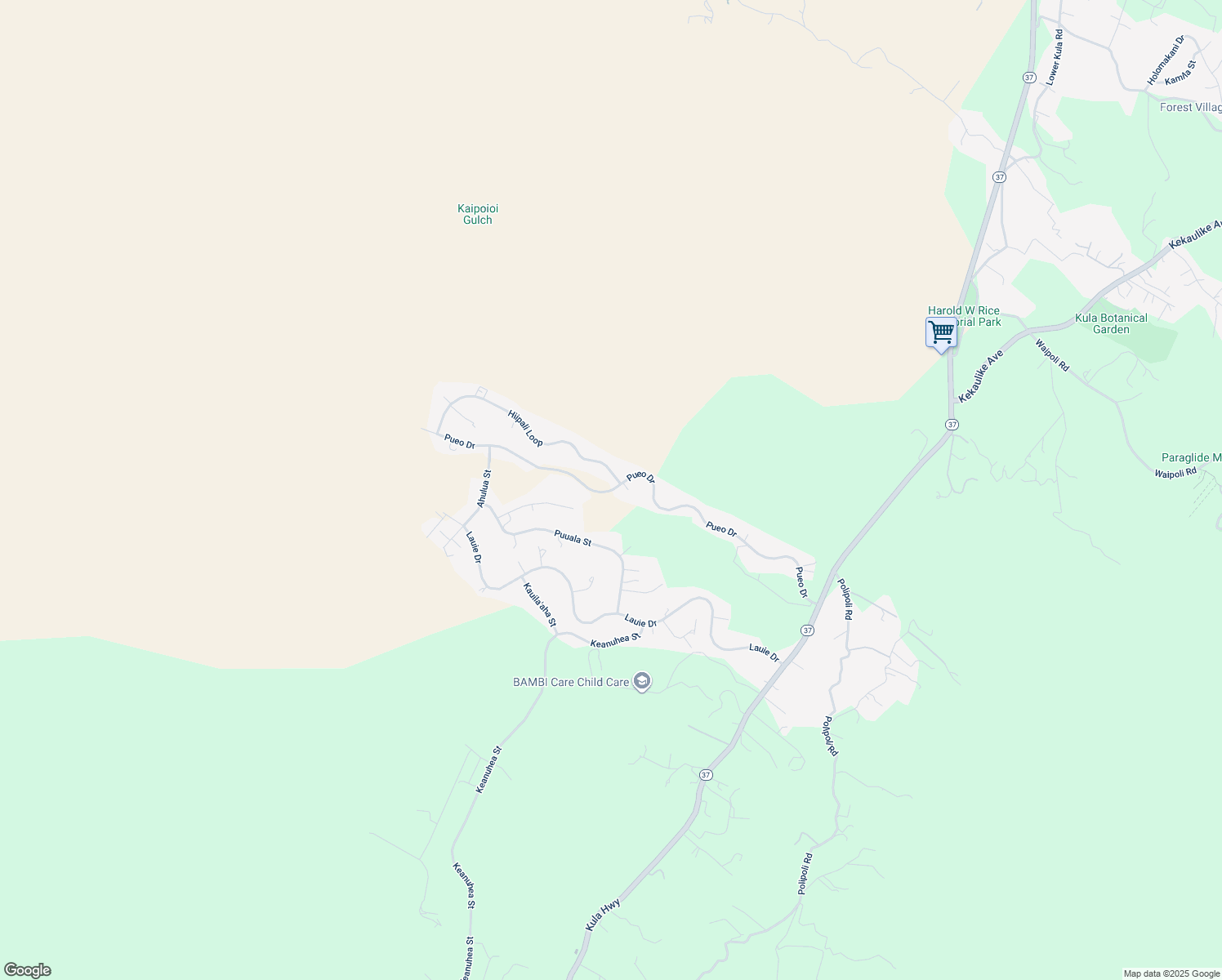 map of restaurants, bars, coffee shops, grocery stores, and more near Pueo Drive in Keokea