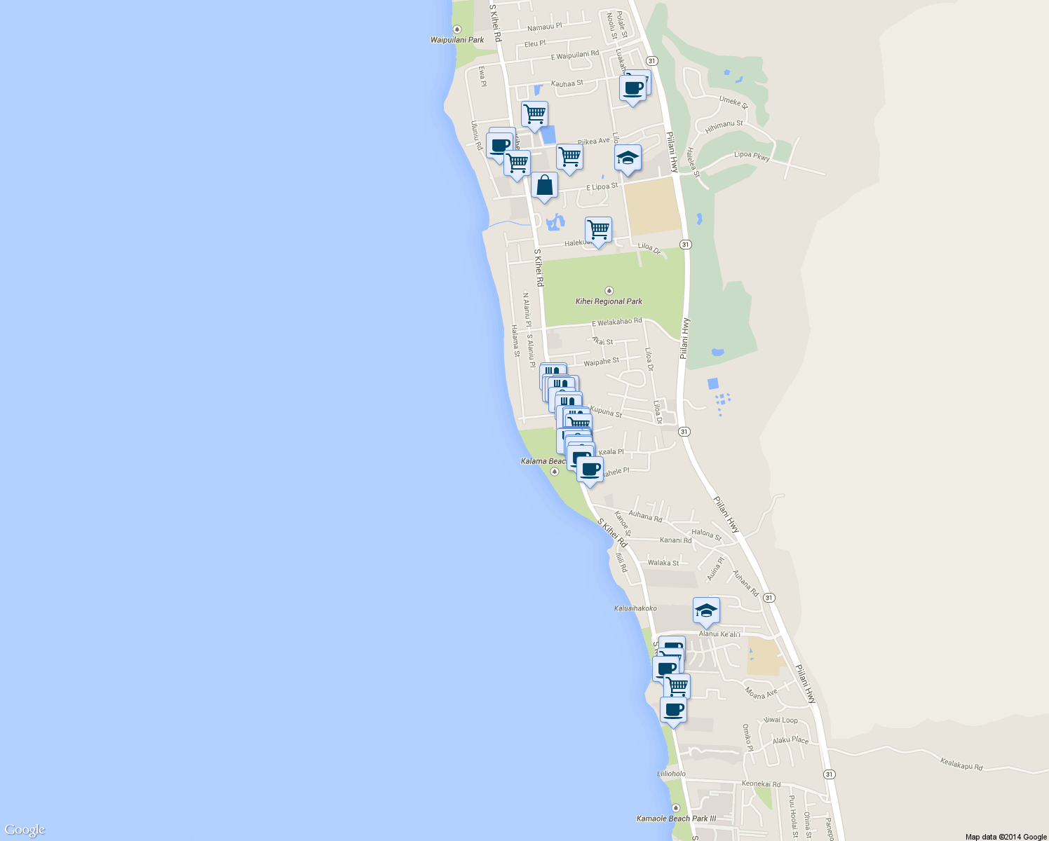 map of restaurants, bars, coffee shops, grocery stores, and more near 1807 Halama Street in Kihei