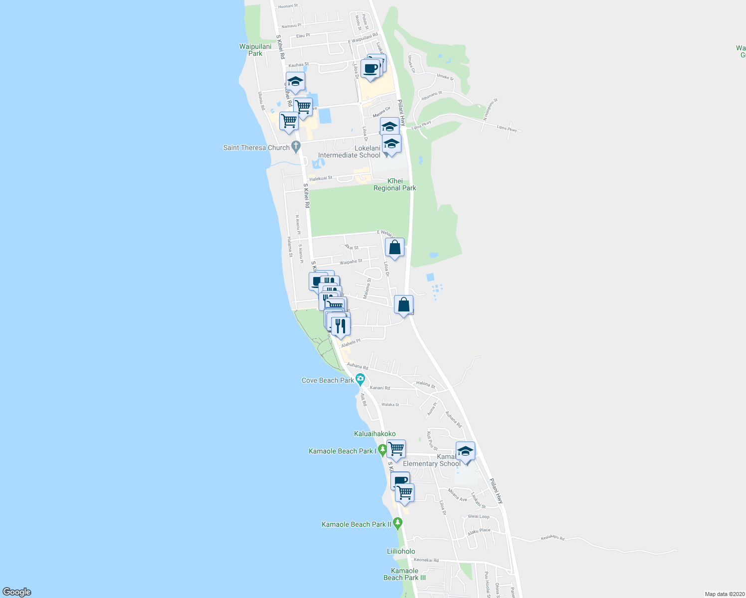 map of restaurants, bars, coffee shops, grocery stores, and more near 150 Mahina Street in Kihei