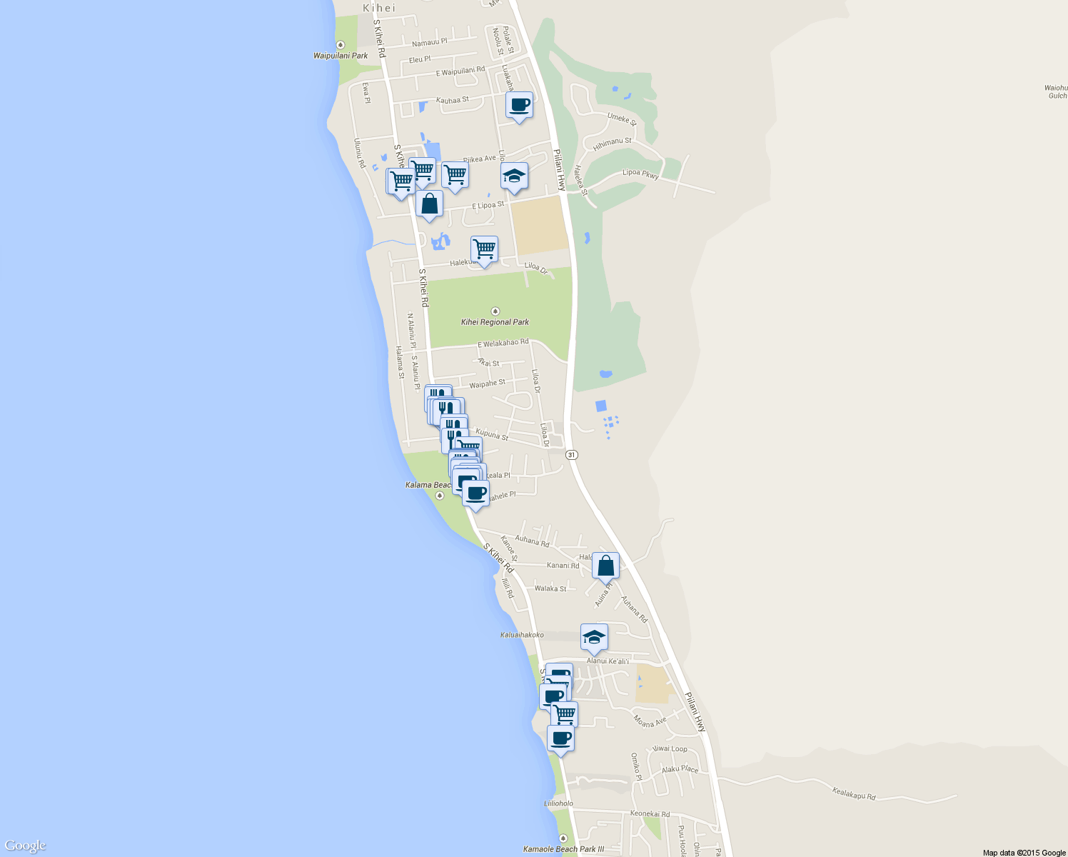 map of restaurants, bars, coffee shops, grocery stores, and more near 180 Hoano Place in Kihei
