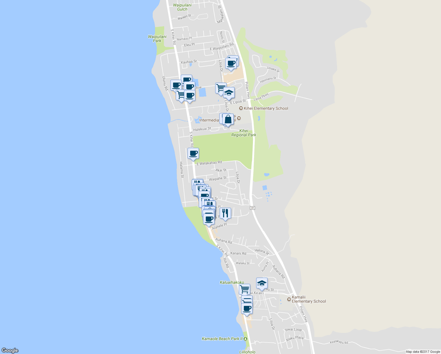 map of restaurants, bars, coffee shops, grocery stores, and more near 155 Waipahe Street in Kihei