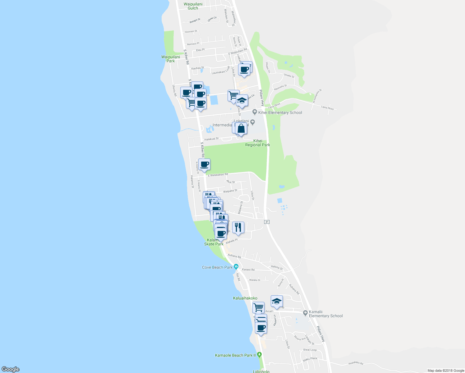 map of restaurants, bars, coffee shops, grocery stores, and more near 1679 Kahakai Street in Kihei