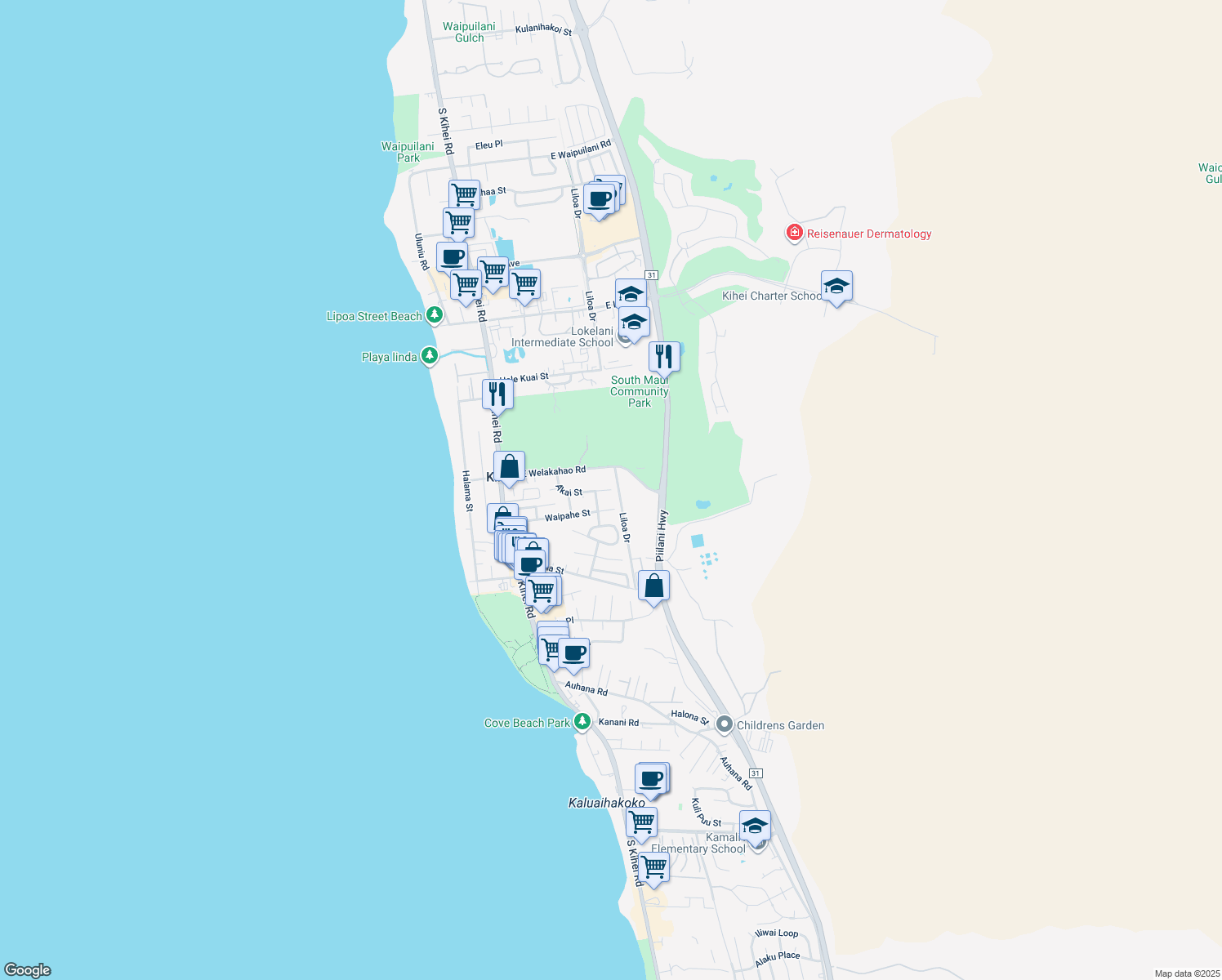 map of restaurants, bars, coffee shops, grocery stores, and more near 235 Akai Street in Kihei