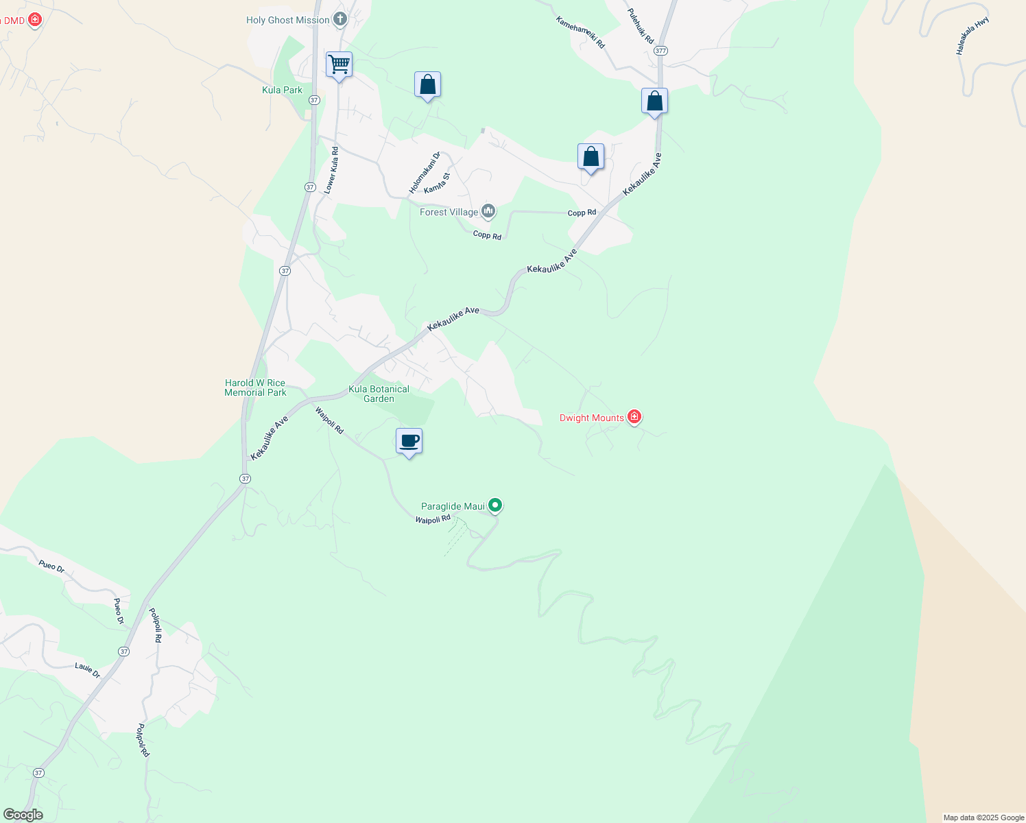 map of restaurants, bars, coffee shops, grocery stores, and more near 505 Alae Road in Kula
